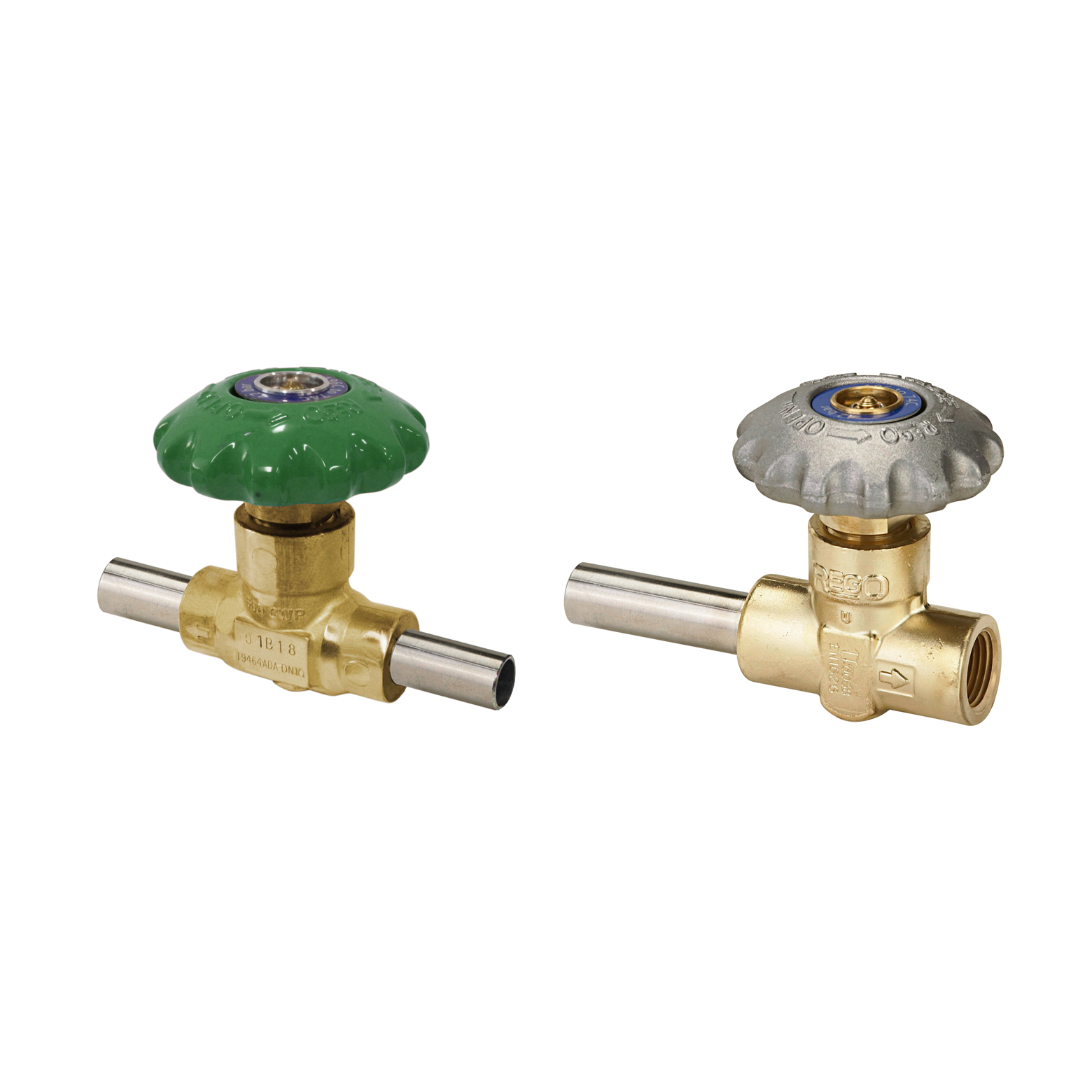 Cryogenic gas valves with green and grey handwheels